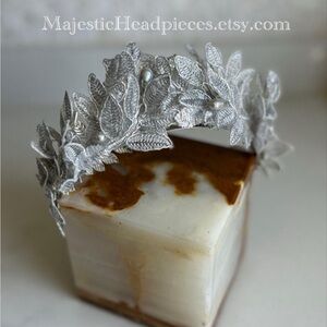 Majestic Silver Leaf Headband with natural grey pearls